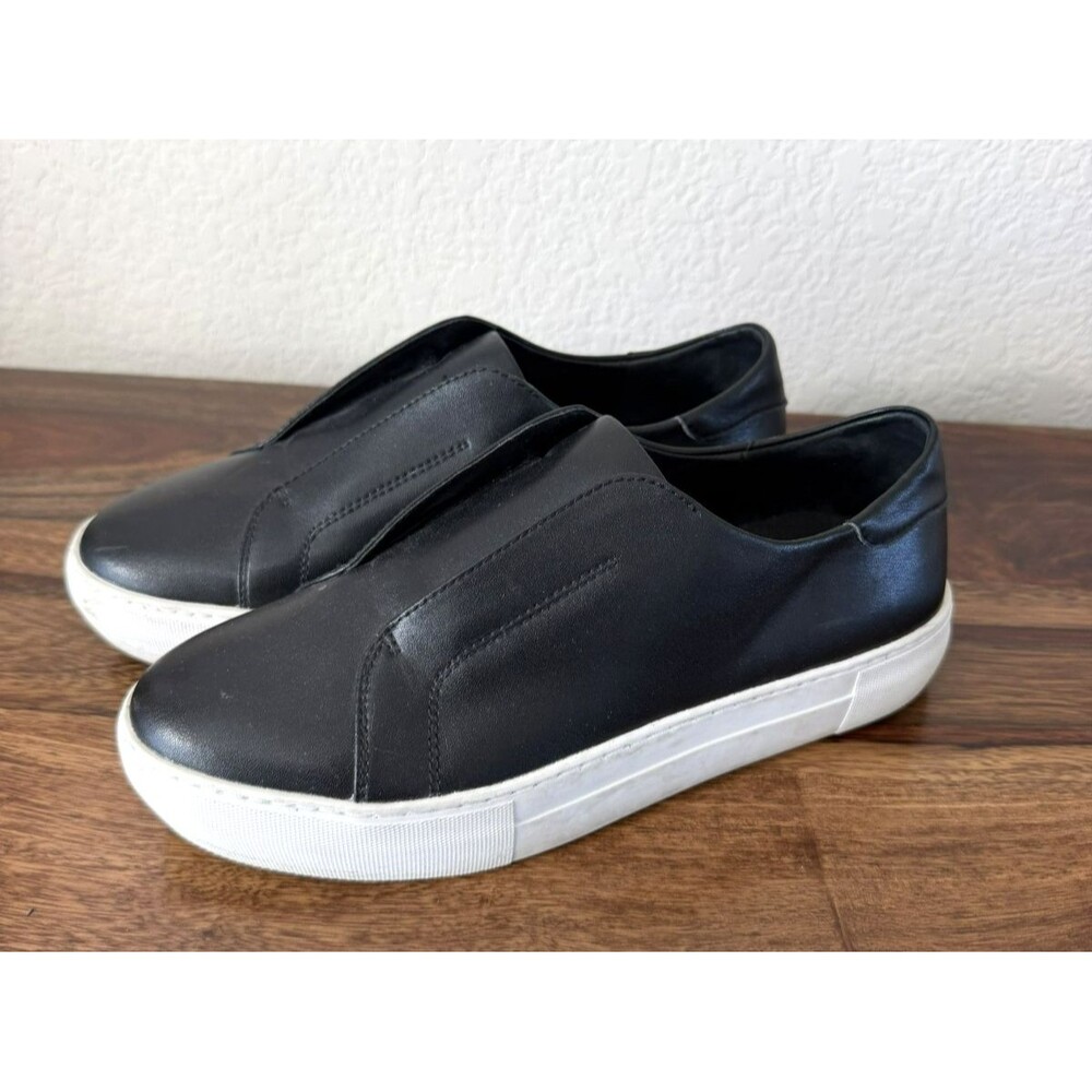 J/Slides NYC Women’s Black Leather Slip-On Casual Shoes White Sole US 7.5